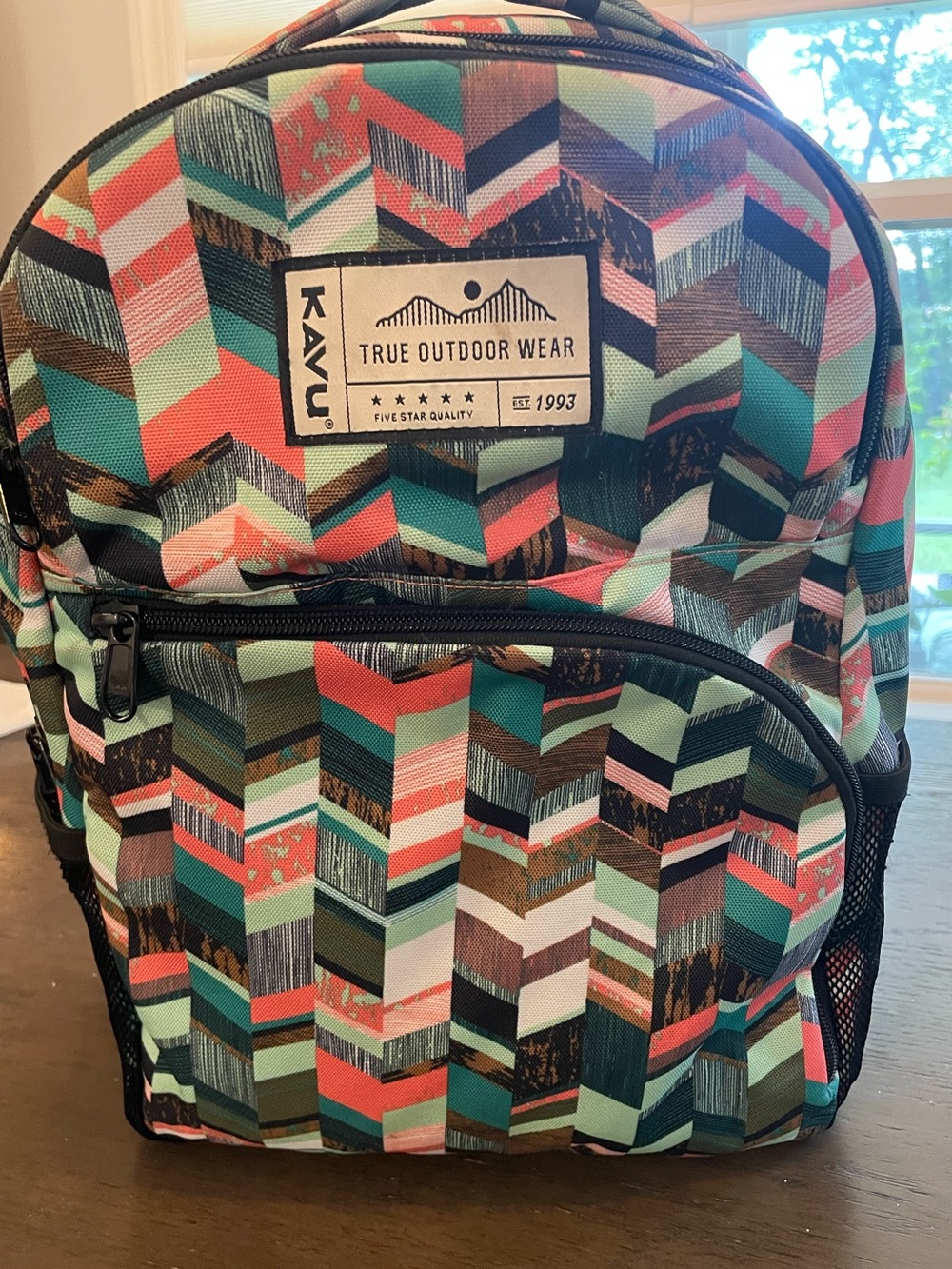 Kavu Multicolor Chevron Backpack in Teal, Coral, White, Brown